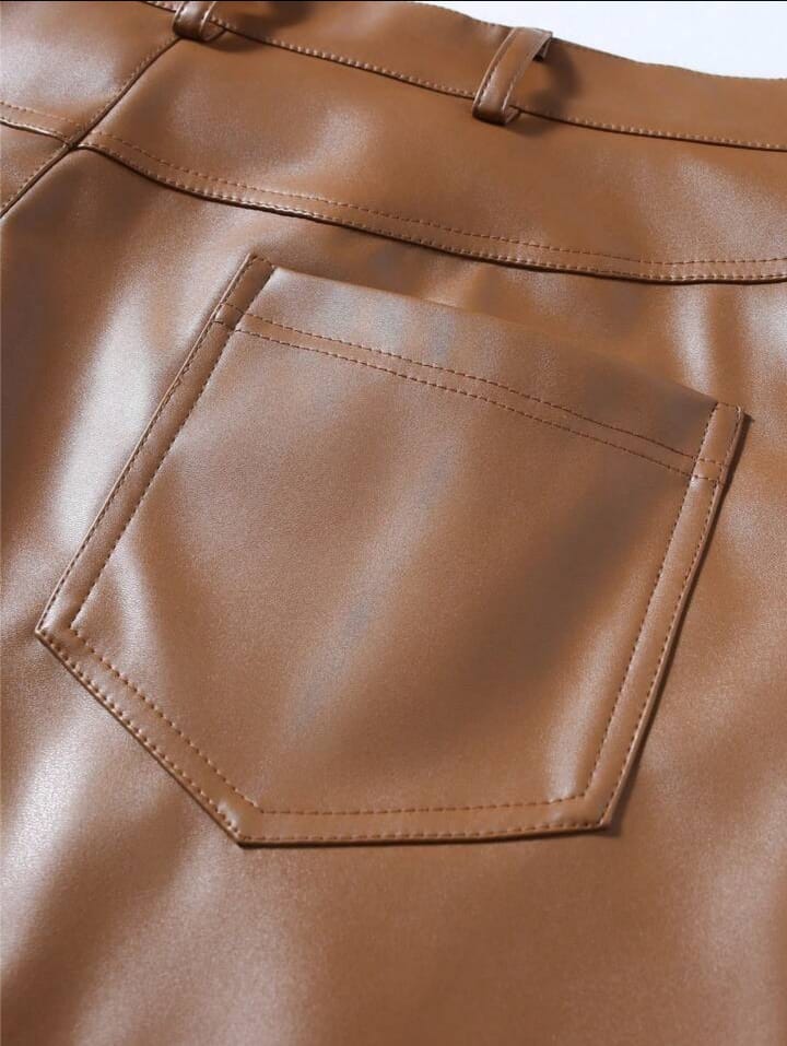 Men's Versatile Solid Color Casual Trousers Pants Brown Leather Pants